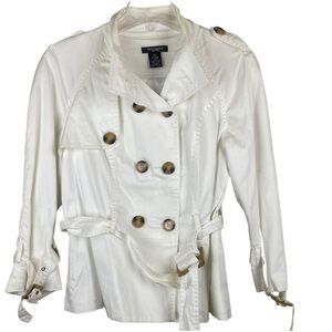 Autograph White Trench Coat Tortoise Buckles & Buttons Peplum Pleats Back Sz M